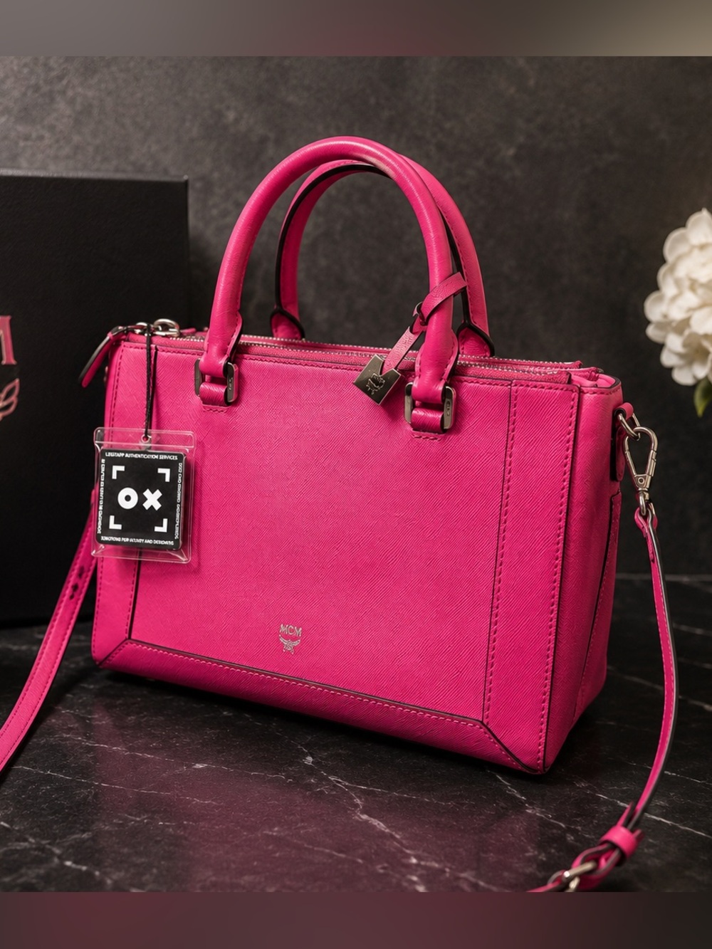 MCM Hot Pink Saffiano Leather Double Zip Satchel Crossbody Bag COA & Dust Bag - Picture 2 of 8